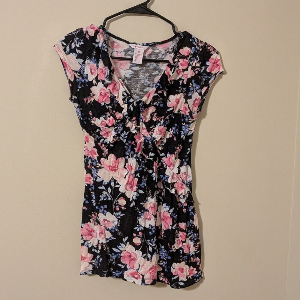 Candie's Pink, Blue, And Black Floral Top With Ruffles